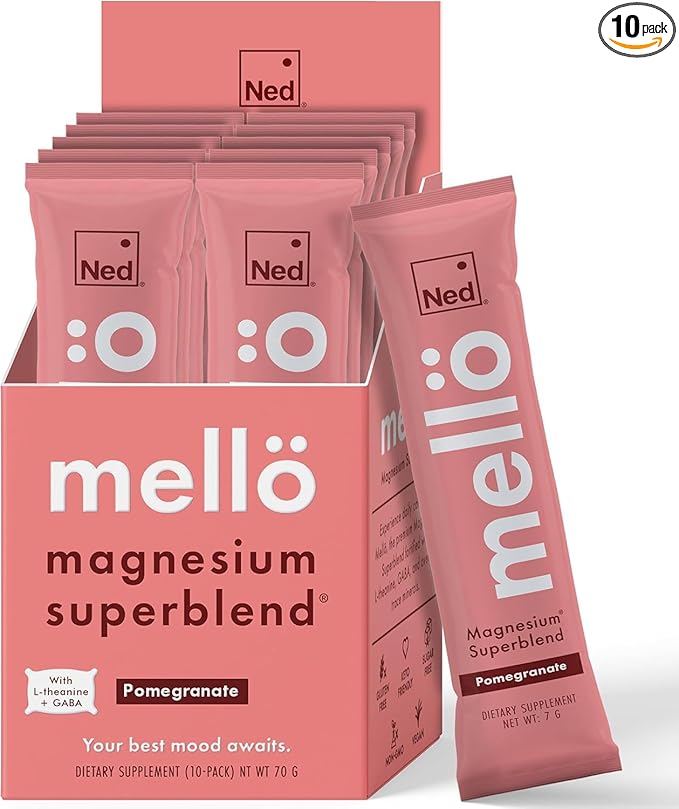 Mellö Magnesium Supplement Superblend Powder - Magnesium Glycinate with L-Theanine, GABA, and Trace Minerals - Supports Sleep, Relaxation, and Balanced Energy - Pomegranate Flavor, 10-Pack, Singles