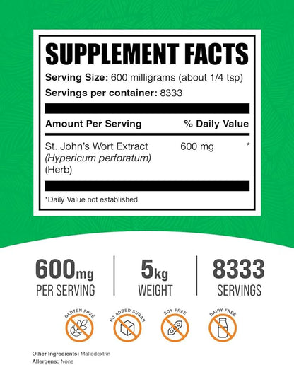 BulkSupplements.com St. John's Wort Extract - St. Johns Wort Supplement, Herbal Supplement for Mood - Vegan & Gluten Free, 600mg per Serving, 5kg (11 lbs) (Pack of 5)