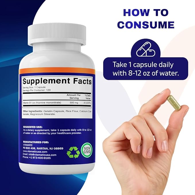 Vitamatic Vitamin B1 (Thiamine) 500mg – 3 Pack (360 Capsules Total)
