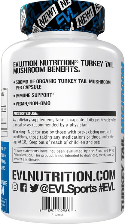 Evlution Nutrition Turkey Tail Mushroom - 500mg Organic Turkey Tail Mushroom per Capsule - Immune Support - Dietary Supplement - Vegan & Non-GMO - 60 Servings - 60 Capsules