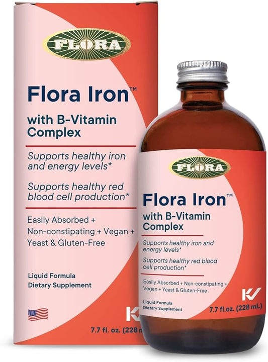Flora Iron - Vegan Liquid Iron Supplement with B Vitamins - Offers Red Blood Cell & Energy Support - Yeast-Free & Gluten-Free - Delicious Fruit Juice Base - 7.7 fl. oz. Glass Bottle