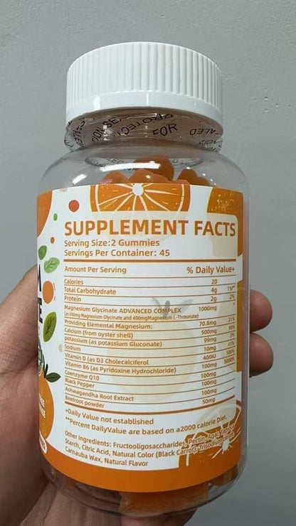 Magnesium Glycinate Gummies- Sugar Free Magnesium Potassium Supplement with Vitamin D, B6, CoQ10 for Calm Mood & Sleep Support - 90 Orange Gummies