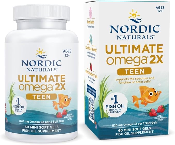 Nordic Naturals Ultimate Omega 2X Teen, Strawberry - 60 Mini Soft Gels - 1120 mg Total Omega-3s with EPA & DHA - Brain Health, Positive Mood, Social Development, Learning - Non-GMO - 30 Servings