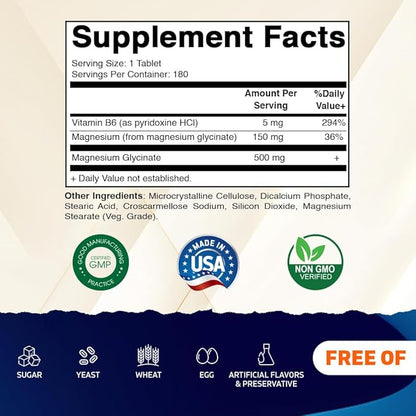 Vitamatic Magnesium Glycinate 500mg per Tablet - 180 Vegetarian Tablets (Uncoated) - Added B6 for Maximum Absorption - Supports Muscle, Joint, and Heart Health* 2 Packs