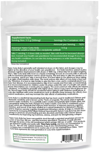 Nano Gotu Kola Powder 8 oz (227 Servings), Gotu Kola Extract, Nano for Enhanced Absorption, Enhances Brain Function & Collagen Synthesis, Non-GMO, Vegan, Gluten-Free