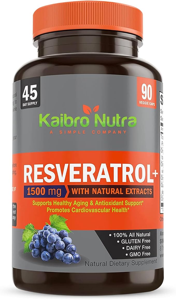 Kaibro Nutra Resveratrol 1500mg per Serving of Organic Trans-Resveratrol & Potent Antioxidants, Pure Extra Strength Complex, Anti-Aging, Radiant Skin and Immunity Support- 45 Day Supply