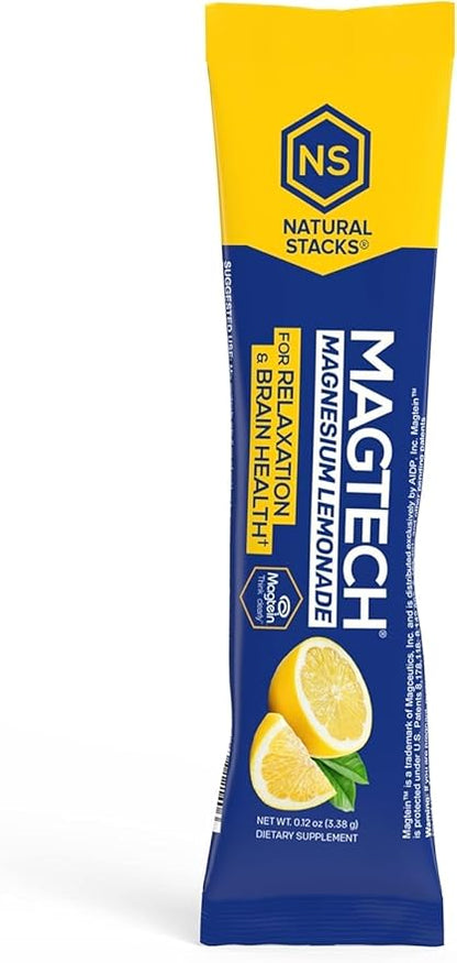 MagTech Magnesium Drink Mix Lemonade - 3 Forms of Magnesium: Magtein L-Threonate, Glycinate & Taurate - 200mg Chelated Magnesium Complex - Supports Relaxation & Brain Health* - 20 Stick Packs