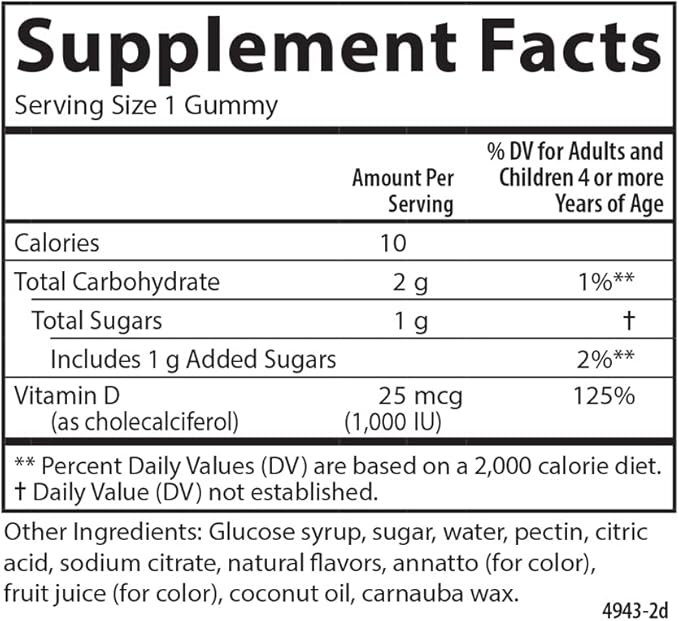 Carlson - Kid's Vitamin D3 Gummies, 1000 IU (25 mcg), Bone Health & Immune Support, Growth & Development, Vitamin D Gummies, D3 Gummy Vitamins, Natural Fruit Flavors, 60 Vegetarian Gummies