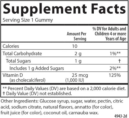 Carlson - Kid's Vitamin D3 Gummies, 1000 IU (25 mcg), Bone Health & Immune Support, Growth & Development, Vitamin D Gummies, D3 Gummy Vitamins, Natural Fruit Flavors, 60 Vegetarian Gummies