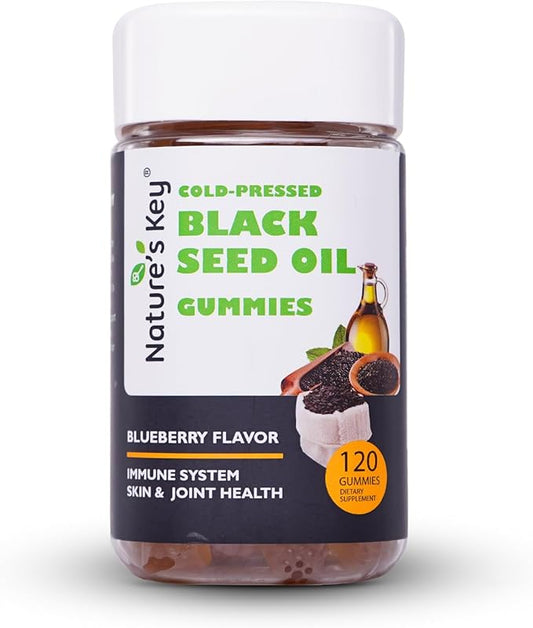 Nature's Key Black Seed Oil Gummies,Support Immunity, Joints, Digestion, Hair & Skin | Cold-Pressed, with 200mg Nigella Sativa Seed Oil, Vitamin C, Ginger, Pomegranate (Blueberry Flavor 120 Count)