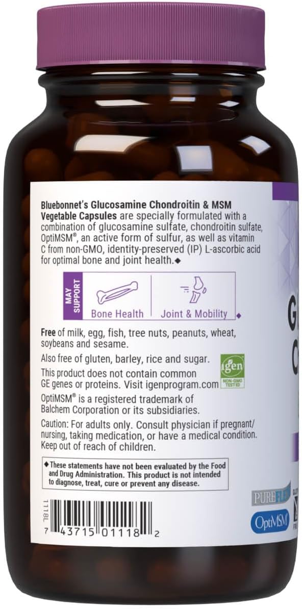 Bluebonnet Nutrition Glucosamine Chondroitin & MSM, Glucosamine, Bone & Joint Health*, Non-GMO, Gluten-Free, Soy-Free, Dairy-Free, 120 Vegetable Capsules, 40 Servings