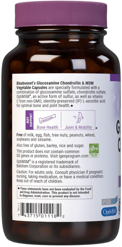 Bluebonnet Nutrition Glucosamine Chondroitin & MSM, Glucosamine, Bone & Joint Health*, Non-GMO, Gluten-Free, Soy-Free, Dairy-Free, 120 Vegetable Capsules, 40 Servings