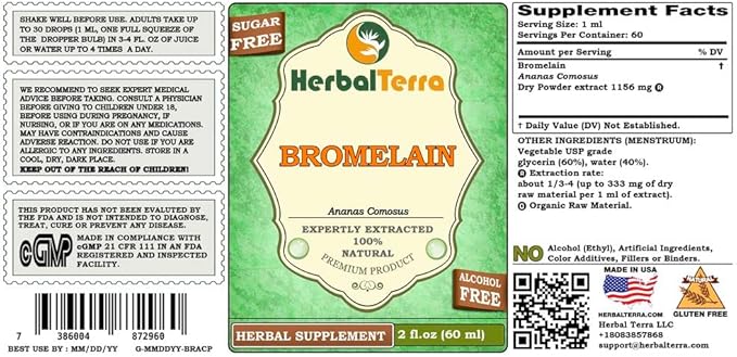Bromelain (Ananas Comosus) Glycerite, Dried Powder Alcohol-Free Liquid Extract 2 oz