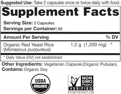 Certified Organic Red Yeast Rice Supplement - 120 Capsules, 2 Month Supply