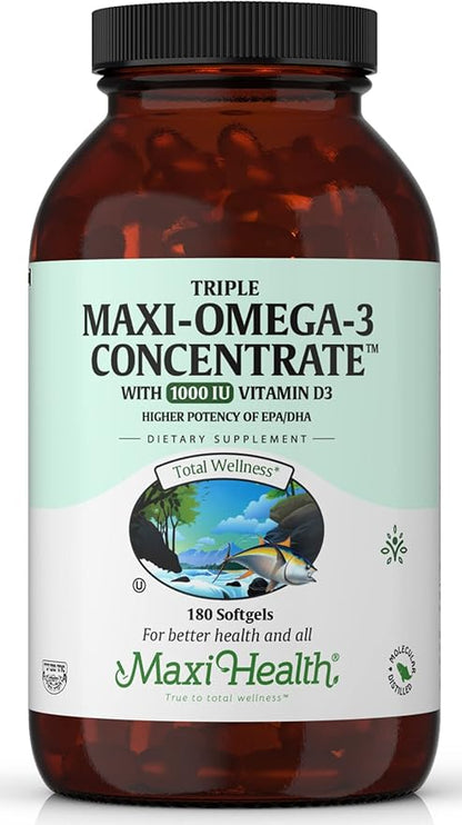 Maxi Health Triple Omega-3 Concentrate - Fish Oil - "1000 IU" Vitamin D3 (190 Capsules)
