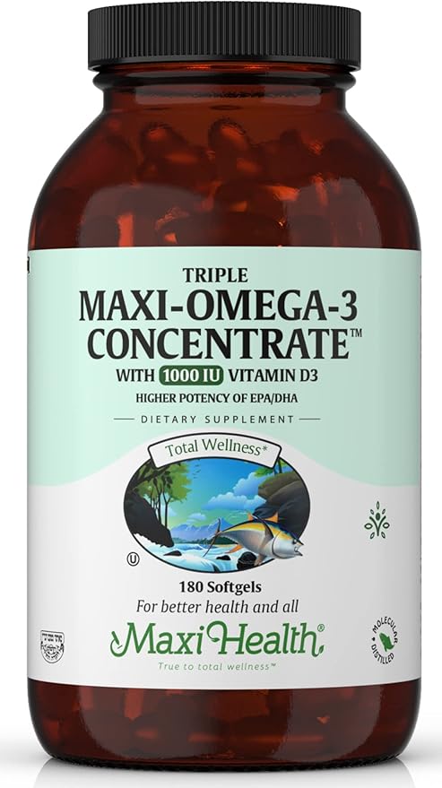 Maxi Health Triple Omega-3 Concentrate - Fish Oil - "1000 IU" Vitamin D3 (190 Capsules)