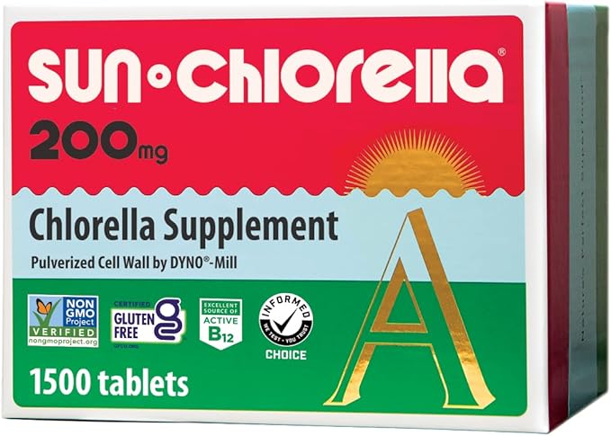 Sun Chlorella 200 mg Green Algae Superfood Supplement - Pulverized Cell Wall - Chlorophyll, CGF, Active B12, Iron, Protein - Non-GMO - 1500 Tablets