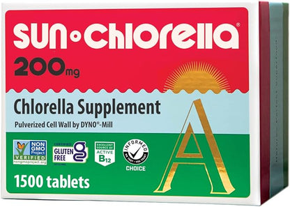 Sun Chlorella 200 mg Green Algae Superfood Supplement - Pulverized Cell Wall - Chlorophyll, CGF, Active B12, Iron, Protein - Non-GMO - 1500 Tablets
