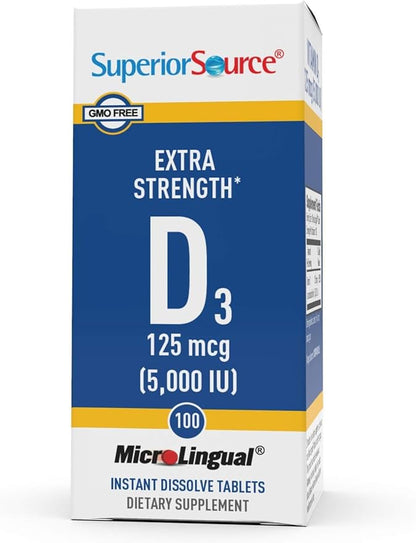Superior Source Vitamin D3 5000 IU - Offers Immune System, Brain & Nervous System Support - Aids Calcium Absorption for Teeth & Bone Health - Bariatric Friendly - 100 Sublingual Dissolving Tablets