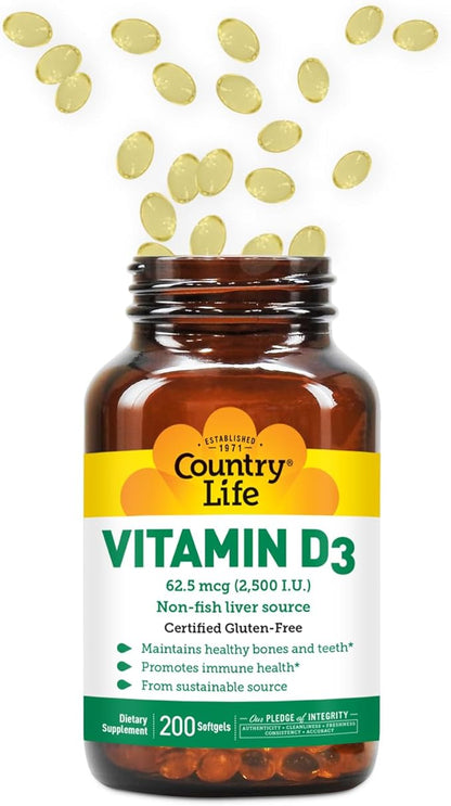 Country Life Vitamin D3 2500 IU Soft Gels, Larger, 200 sg, 200 Count