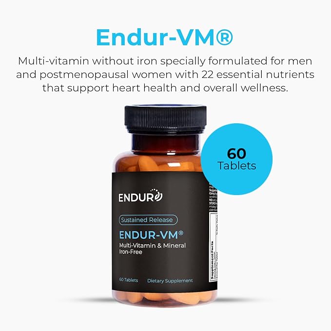 ENDUR-VM - WITHOUT IRON – Sustained-Release Daily Multi-Vitamin - Vitamin A, Vitamin C, Vitamin D, Vitamin E, Vitamin B12 - Zinc for Immune Health Support + Calcium & More - 60 Tablets
