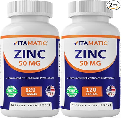 Vitamatic Zinc 50mg as Zinc Gluconate 120 Count - Immunity Supplement (Total 240 Tablets) - 2 Pack