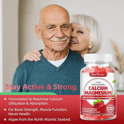 softbear Calcium Magnesium Zinc Gummies for Women, Calcium Magnesium Supplement High Absorption Calcium Gummies with Vitamin D3 for Bone Strength Vegan Raspberry Flavor 120 Gummies
