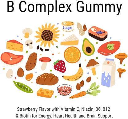 VitaGlobe B Complex Gummy - Strawberry Flavor with Vitamin C, Niacin, B6, B12 & Biotin for Energy, Heart Health and Brain Support, 60 Count (Pack of 1)