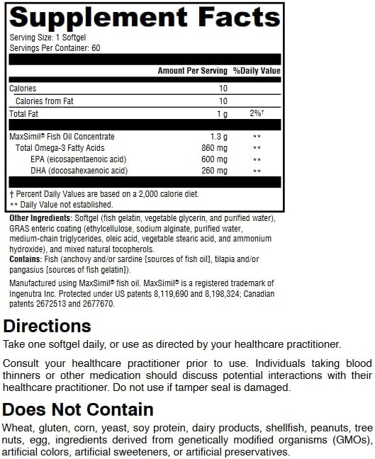 Omega 1300 EC Fish Oil Softgels - High-Strength Omega 3 Supplement with Enhanced Absorption - IFOS Verified, Enteric Coated, 600mg EPA, 260mg DHA - 60 Count
