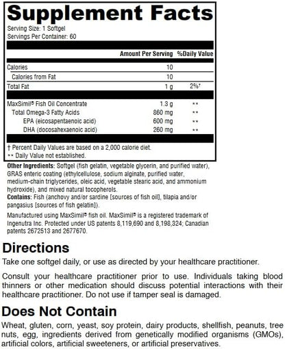 Omega 1300 EC Fish Oil Softgels - High-Strength Omega 3 Supplement with Enhanced Absorption - IFOS Verified, Enteric Coated, 600mg EPA, 260mg DHA - 60 Count