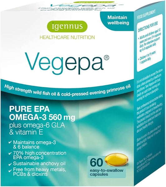 Vegepa Omega 3 Wild Fish Oil & Evening Primrose Oil Blend, 560 mg EPA Plus GLA, 60 Small Softgels