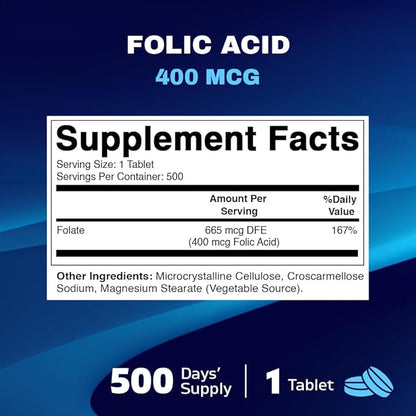 Vitamatic Folic Acid 400 mcg - 500 Vegetarian Tablets - Vitamin B9