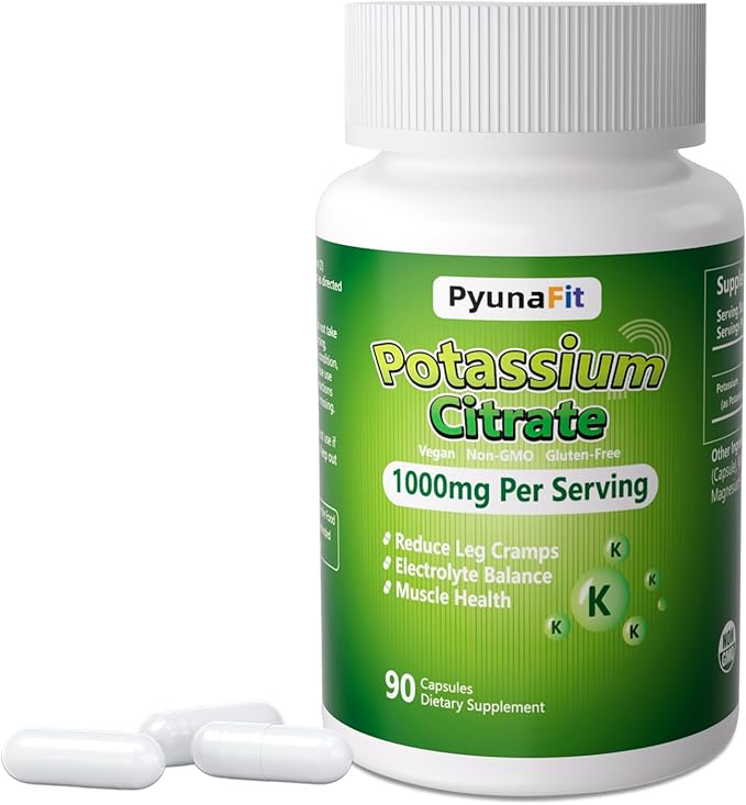 Potassium Supplement 1000mg – High Potassium Citrate for Leg Cramps, Muscle Health, and Heart Support, Non-GMO & Gluten-Free, 90 Capsules