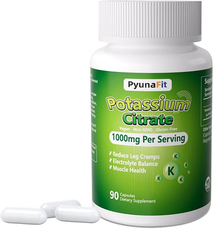 Potassium Supplement 1000mg – High Potassium Citrate for Leg Cramps, Muscle Health, and Heart Support, Non-GMO & Gluten-Free, 90 Capsules