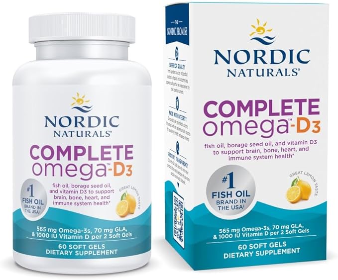 Nordic Naturals Complete Omega-D3, Lemon Flavor - 60 Soft Gels - 565 mg Omega-3 + 70 mg GLA + 1000 IU Vitamin D3 - EPA & DHA - Healthy Skin, Cognition, & Positive Mood - Non-GMO - 30 Servings