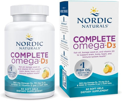 Nordic Naturals Complete Omega-D3, Lemon Flavor - 60 Soft Gels - 565 mg Omega-3 + 70 mg GLA + 1000 IU Vitamin D3 - EPA & DHA - Healthy Skin, Cognition, & Positive Mood - Non-GMO - 30 Servings