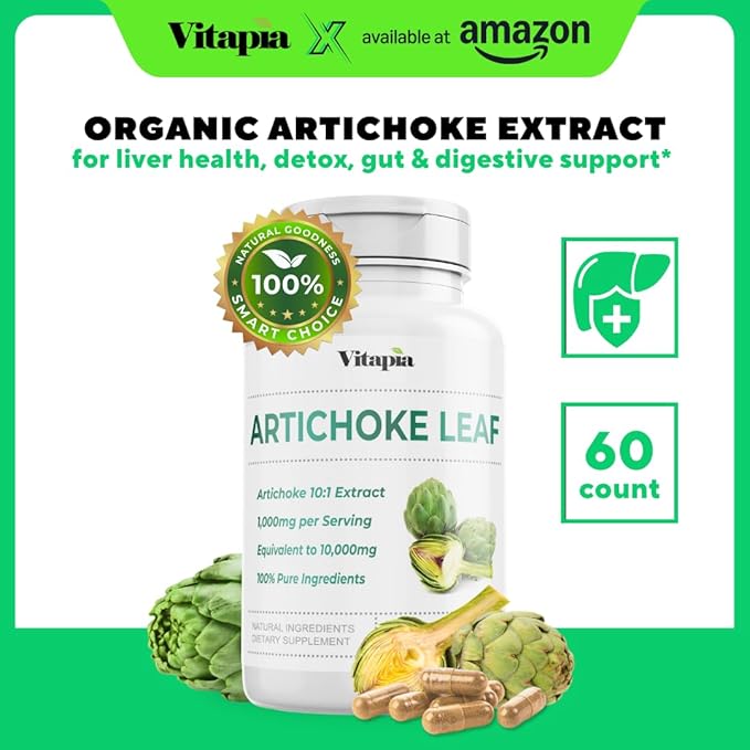 Organic Artichoke Leaf Extract for Healthy Digestion, Liver Health & Functions, Antioxidant Support - 10:1 Ratio & 60 Veggie Capsules - Non-GMO, Gluten-Free, Vegan-Friendly