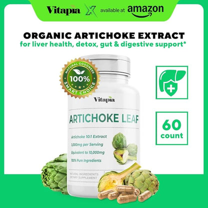 Organic Artichoke Leaf Extract for Healthy Digestion, Liver Health & Functions, Antioxidant Support - 10:1 Ratio & 60 Veggie Capsules - Non-GMO, Gluten-Free, Vegan-Friendly