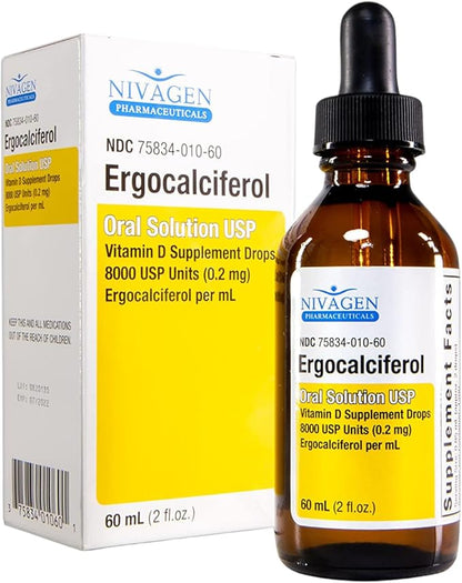 Vitamin D2 Liquid Drops as Ergocalciferol, Faster Absorption, 400iu Vitamin D2 8,000 USP, 1,200 Servings, 60ml - 2 fl.oz.
