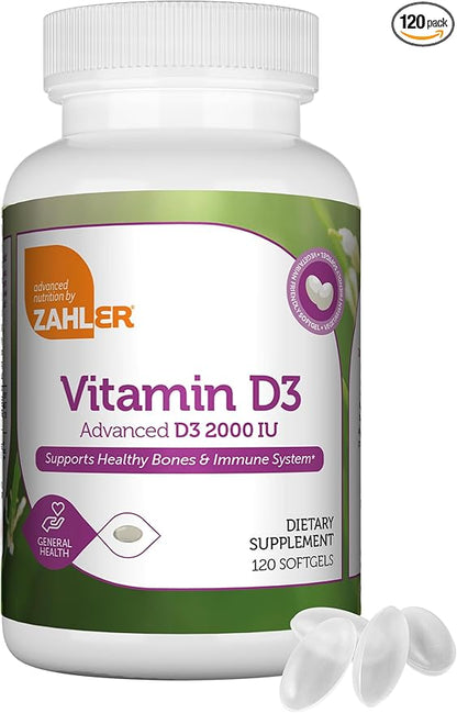 Zahler - Advanced Vitamin D3 2000 IU Softgels (120 Count) Kosher Vegetarian Friendly Vitamin D for Immune Support, Bone, Teeth & Muscle Health - Daily D3 Vitamin Supplement for Adults - Easy Swallow V