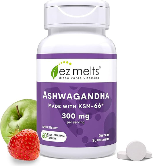 EZ Melts Dissolvable KSM-66 Ashwagandha, 300 mg, Sugar-Free, Stress, Sleep and Mood Support Supplement, 30-Day Supply, Apple Berry-Flavor