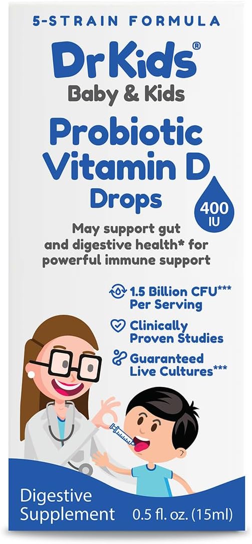 DrKids Probiotic Vitamin D Drops - Supports Infant & Child Gut Health, Helps Reduce Gas, Colic & Fussiness, Baby Probiotic Drops with Vitamin D3, Pediatrician Recommended, Unflavored, 15ml (Pack of 1)
