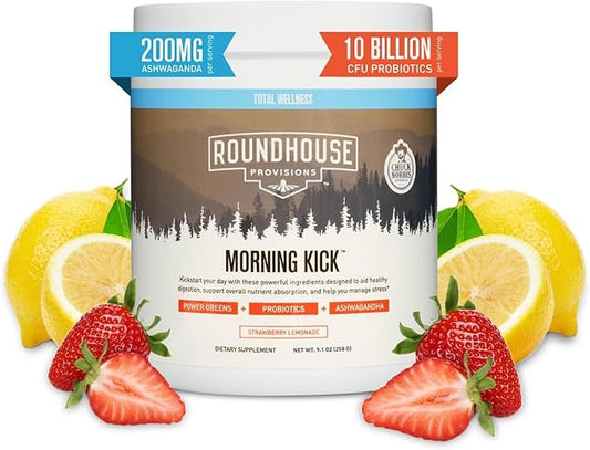 Morning Kick, Zero Sugar Greens Superfood Powder Supplement with Ashwaganda, Collagen, Probiotics, Debloat Drink, 30 Servings (Strawberry Lemonade) by Chuck Norris