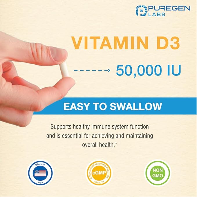 Puregen Labs Vitamin D3 50,000 IU (1250 mcg) 100 Weeks Supply for Healthy Muscle Function, and Immune Support, Non-GMO, Gluten Free 100 Vegetable Capsules