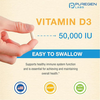 Puregen Labs Vitamin D3 50,000 IU (1250 mcg) 100 Weeks Supply for Healthy Muscle Function, and Immune Support, Non-GMO, Gluten Free 100 Vegetable Capsules
