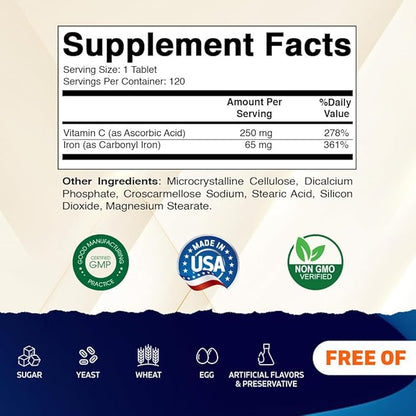 Vitamatic Carbonyl Iron 65 mg with Vitamin C – Gentle Iron Supplement for Energy & Immune Support – High Absorption – 120 Tablets