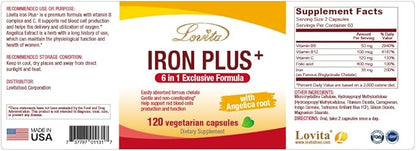 Lovita Iron 18 mg, 6 in 1 Iron Supplement for Women, Iron with Vitamin C, Dong Quai & B12, Vegan Iron Vitamin to Support Red Blood Cell Production Without Constipation, 120 Capsules