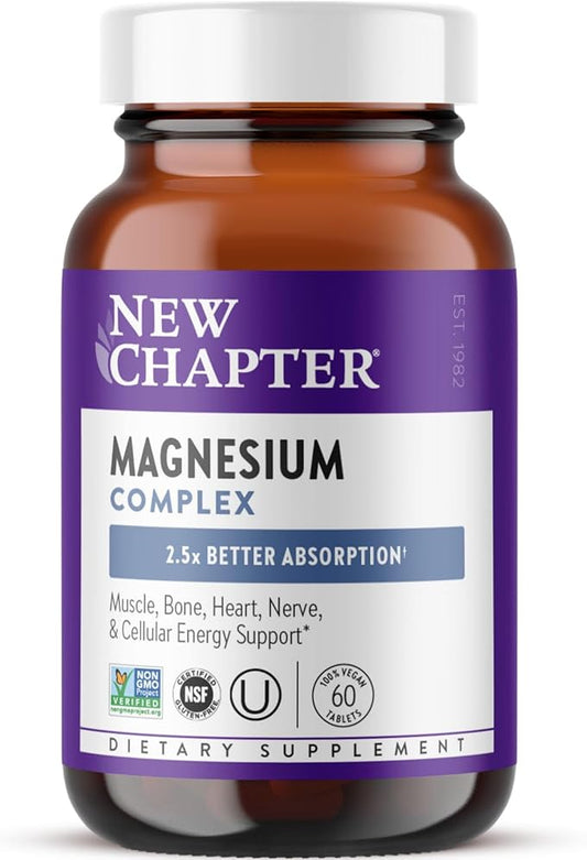New Chapter Magnesium Complex Supplement for Heart, Bone, Nerve, Muscle & Cellular Energy - Well-Absorbed Magnesium Glycinate + Sea-Sourced & Fermented Forms, 100% Vegan, 60 Tablets