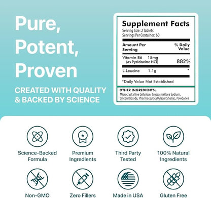 LEUSIX® Weight Management Supplement – Patented Leucine + Vitamin B6 Formula – Supports Metabolism, Fat Utilization & Lean Muscle – 120 Tablets (1-Month Supply)