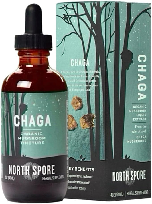 North Spore Organic Chaga Mushroom Tincture (4 oz) | 100% Fruiting Body Extracts | Immune Support, Energy, and Balance | Certified Organic, Vegan, Non-GMO | Adaptogenic, Nootropic | Made in USA
